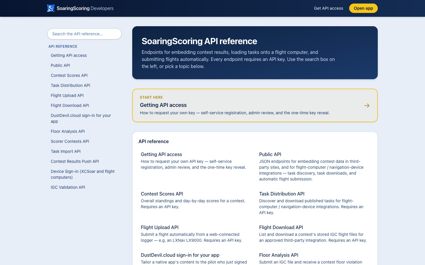 Screenshot of SoaringScoring Developers — API reference
